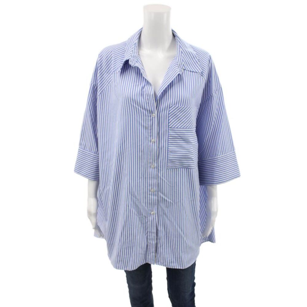 Topshop Women Tunic Button-Up Blue Striped Collared 3/4 Sleeve Size 10
